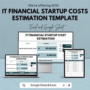 May include: A digital IT financial startup costs estimation template for Excel and Google Sheets displayed on a desktop monitor, a laptop, and a tablet. The screens show tables with categories, descriptions, and estimated costs in US dollars.