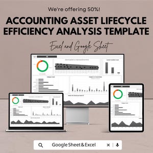 May include: A digital display of an accounting asset lifecycle efficiency analysis template. The image shows a laptop, desktop monitor, and tablet displaying charts and graphs. Text includes "We're offering 50%" and "Excel and Google Sheet".