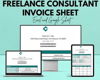 May include: An advertisement for a freelance consultant invoice sheet, available in Excel and Google Sheet formats. The image shows a laptop, desktop monitor, and tablet displaying invoice templates. The text includes "We're offering 50%!" and contact information.