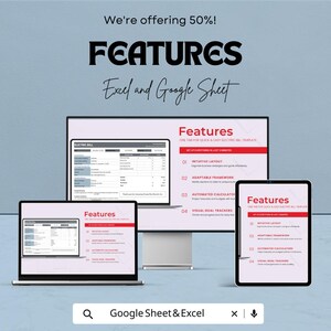 May include: A promotional image showcasing a spreadsheet template on a laptop, desktop monitor, and tablet. The text highlights features like intuitive layout, adaptable framework, automated calculators, and visual goal trackers. The image also includes the text "Excel and Google Sheet."