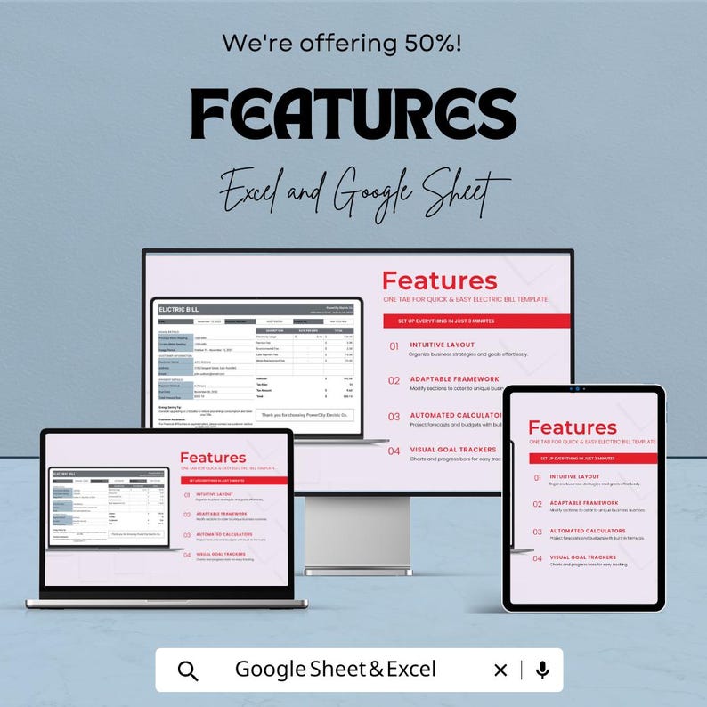 May include: A promotional image showcasing a spreadsheet template on a laptop, desktop monitor, and tablet. The text highlights features like intuitive layout, adaptable framework, automated calculators, and visual goal trackers. The image also includes the text "Excel and Google Sheet."