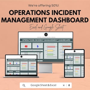 May include: An advertisement for an Operations Incident Management Dashboard, displayed on a computer monitor, laptop, and tablet. The text includes "We're offering 50%!" and "Excel and Google Sheet."