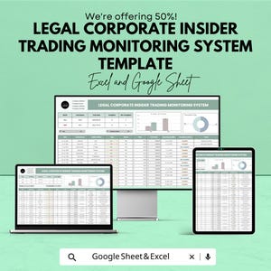 Peut inclure: Image promotionnelle pour un modèle de système de surveillance du trading d'initiés d'entreprise légal. Le modèle est affiché sur un ordinateur portable, un écran d'ordinateur et une tablette. Le texte comprend "We're offering 50%!" et "Excel and Google Sheet."