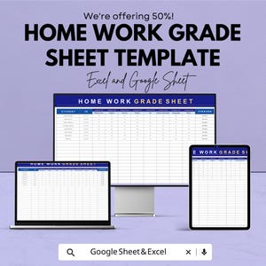 Könnte beinhalten: Eine digitale Anzeige einer "HAUSARBEITSNOTEN-TABELLENVORLAGE" auf einem Computermonitor, Laptop und Tablet. Der Text "Wir bieten 50 %!" steht oben. Die Vorlage ist für Excel und Google Sheet.