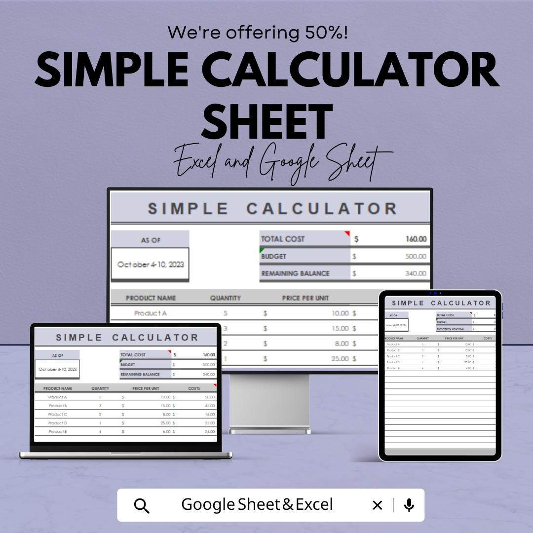 Simple Calculator Sheet | Google Sheets | Budgeting & Cost Calculation ...