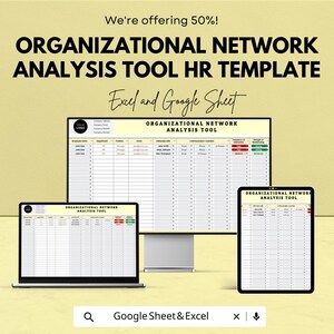May include: An advertisement for an Organizational Network Analysis Tool HR Template. The image shows a laptop, desktop monitor, and tablet displaying the tool's interface. The text includes "We're offering 50%" and "Excel and Google Sheet."