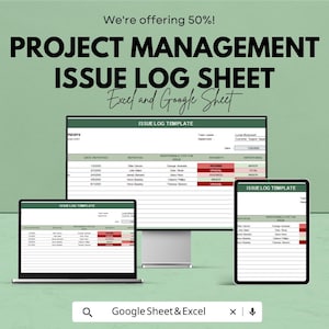 Puede incluir: Una plantilla digital de hoja de registro de problemas de gestión de proyectos que se muestra en una computadora portátil, un monitor de escritorio y una tableta. El texto en la pantalla incluye "ISSUE LOG TEMPLATE" y campos de datos. El fondo es de color verde claro con el texto "PROJECT MANAGEMENT ISSUE LOG SHEET".
