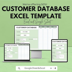 Könnte beinhalten: Eine Kundendatenbank-Excel-Vorlage, die auf einem Computermonitor, Laptop und Tablet angezeigt wird. Der Text "CUSTOMER DATABASE EXCEL TEMPLATE" ist prominent dargestellt. Die Vorlage ist für Excel und Google Sheets konzipiert.