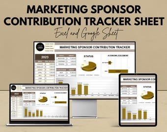 May include: A digital marketing sponsor contribution tracker sheet displayed on a laptop, desktop monitor, and tablet. The text reads "Marketing Sponsor Contribution Tracker Sheet" and "Excel and Google Sheet". The image also states "We're offering 50%!"