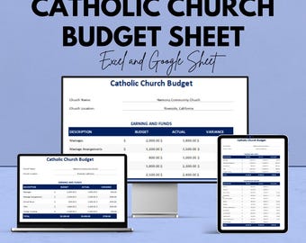 Könnte beinhalten: Werbebild für ein katholisches Kirchenbudget-Sheet, verfügbar in Excel- und Google Sheet-Formaten. Das Bild zeigt einen Laptop, einen Monitor und ein Tablet, die das Budget-Sheet anzeigen. Der Text auf dem Bild lautet "Wir bieten 50 %!" und "Katholisches Kirchenbudget-Sheet".