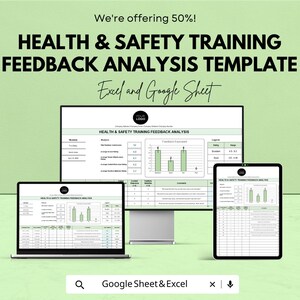 Mall för feedbackanalys av hälso- och säkerhetsutbildning | Excel och Google Sheets | Säkerhetsrapport | Utvärderingsverktyg för medarbetarutbildning