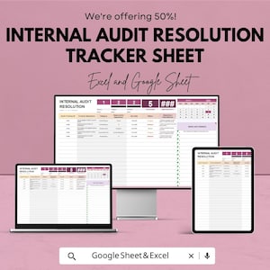 Puede incluir: Anuncio de una hoja de seguimiento de resolución de auditoría interna, que se muestra en un portátil, un monitor de escritorio y una tableta. La imagen incluye el texto "We're offering 50%!" y "Excel and Google Sheet".