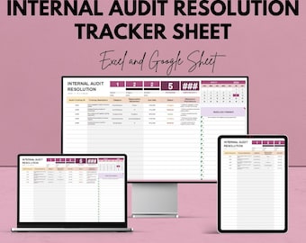 May include: A digital product advertisement for an Internal Audit Resolution Tracker Sheet. The image shows the tracker displayed on a laptop, desktop monitor, and tablet. The text includes "We're offering 50%!" and "Excel and Google Sheet."