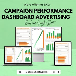 May include: A promotional image with the text "We're offering 50%! CAMPAIGN PERFORMANCE DASHBOARD ADVERTISING Excel and Google Sheet." The image shows a laptop, a desktop monitor, and a tablet displaying data visualizations.