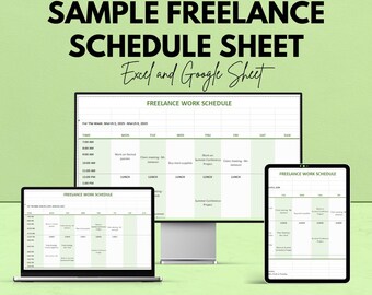 May include: A promotional image for a freelance schedule sheet, displayed on a computer monitor, laptop, and tablet. The text reads "SAMPLE FREELANCE SCHEDULE SHEET Excel and Google Sheet." The background is light green with the text "We're offering 50%!"