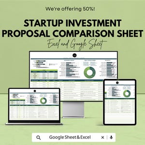 Könnte beinhalten: Digitales Mockup eines Startup-Investitionsvorschlags-Vergleichsblatts, das auf einem Laptop, einem Desktop-Monitor und einem Tablet angezeigt wird. Der Text lautet "STARTUP INVESTMENT PROPOSAL COMPARISON SHEET Excel and Google Sheet". Der Hintergrund ist hellgrün.