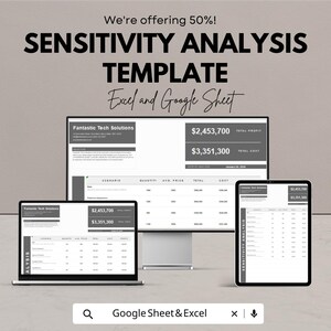 May include: An advertisement for a sensitivity analysis template, featuring a computer monitor, a laptop, and a tablet. The screens display financial data. The text on the image reads "Sensitivity Analysis Template" and "Excel and Google Sheet".