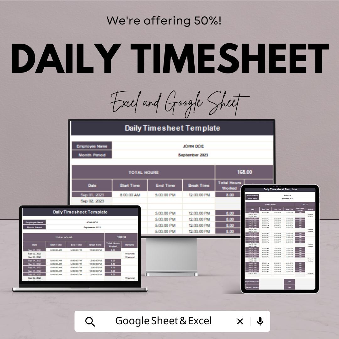 Daily Timesheet Template | Excel & Google Sheets | Employee Time ...