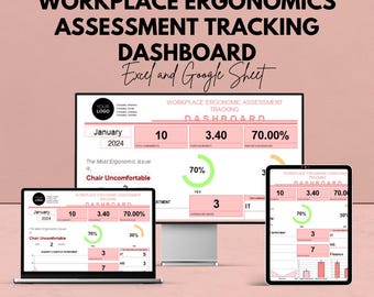 Könnte beinhalten: Werbebild für ein Dashboard zur Verfolgung der Arbeitsplatz-Ergonomie-Bewertung, angezeigt auf einem Laptop, einem Desktop-Monitor und einem Tablet. Das Dashboard zeigt Datenvisualisierungen und den Text "Workplace Ergonomics Assessment Tracking Dashboard" und "Google Sheet & Excel".