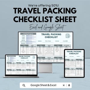 Travel Packing Checklist | Vacation Packing List Template | Excel and Google Sheet | Family, Solo Trip & Holiday Planner