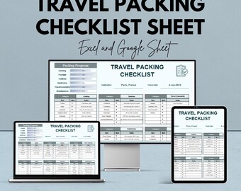May include: A digital travel packing checklist sheet displayed on a laptop, desktop monitor, and tablet. The text reads "TRAVEL PACKING CHECKLIST SHEET" and "Excel and Google Sheet". The destination is Paris, France, with a travel date of 4-Jan-2024. The image also states "We're offering 50%!"