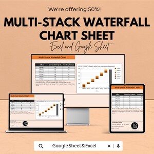 Puede incluir: Un gráfico digital que muestra una hoja de gráfico de cascada de varias pilas para Excel y Google Sheets. La imagen muestra el gráfico en un monitor de computadora, una computadora portátil y una tableta, con el texto "We're offering 50%!"