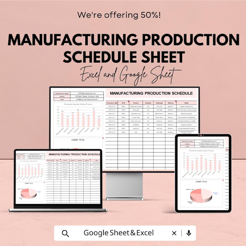 Op de afbeelding: Een advertentie voor een productieplanningsblad voor de productie, compatibel met Excel en Google Sheets. De afbeelding toont een computermonitor, een laptop en een tablet met het schema. De tekst "We're offering 50%!" staat bovenaan.