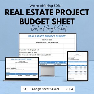 Puede incluir: Imagen promocional para una hoja de presupuesto de proyecto inmobiliario, con un 50% de descuento. El texto incluye "REAL ESTATE PROJECT BUDGET SHEET" y "Excel and Google Sheet". El presupuesto se muestra en un portátil, un monitor y una tableta.