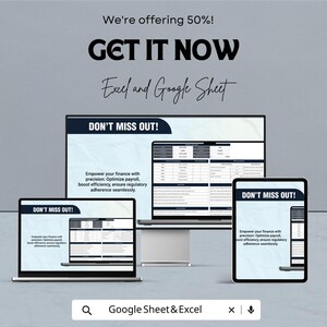 Pode incluir: Um an&uacute;ncio que promove Excel e Google Sheet. A imagem mostra um laptop, um computador desktop e um tablet exibindo planilhas. O texto inclui "We're offering 50%! GET IT NOW" e "DON'T MISS OUT!". A parte inferior da imagem tem uma barra de pesquisa com "Google Sheet & Excel".
