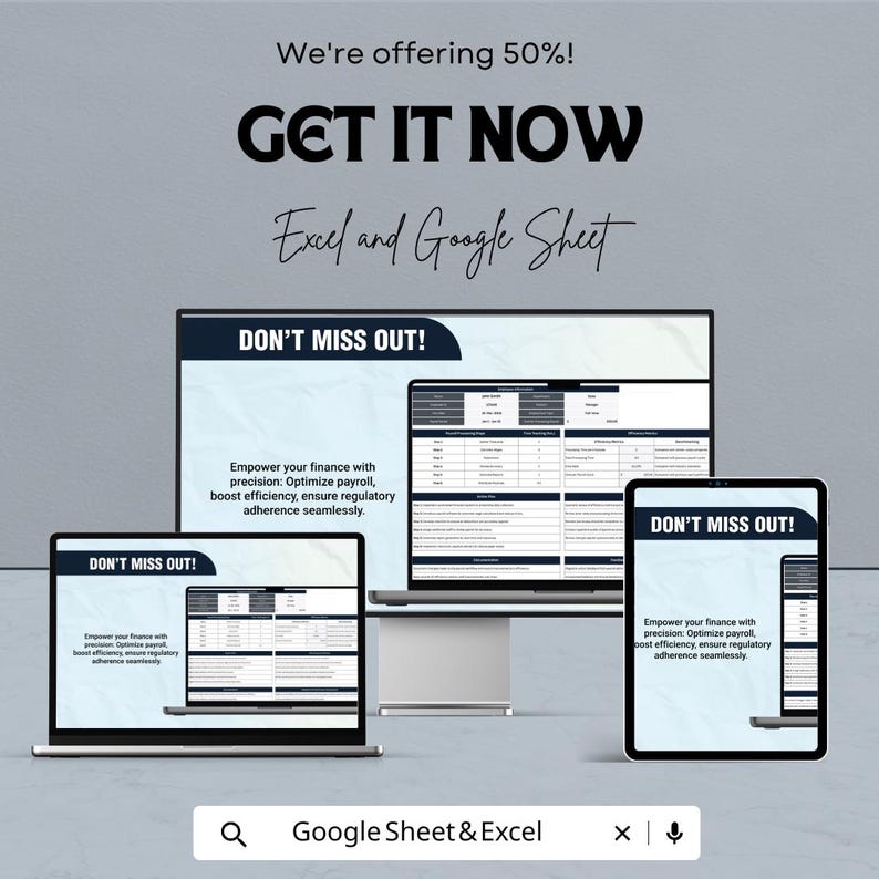 Pode incluir: Um an&uacute;ncio que promove Excel e Google Sheet. A imagem mostra um laptop, um computador desktop e um tablet exibindo planilhas. O texto inclui "We're offering 50%! GET IT NOW" e "DON'T MISS OUT!". A parte inferior da imagem tem uma barra de pesquisa com "Google Sheet & Excel".
