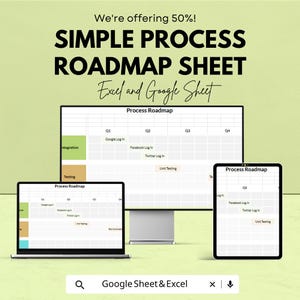 May include: A digital marketing graphic promoting a simple process roadmap sheet for Excel and Google Sheets. The image shows a laptop, desktop computer, and tablet displaying the roadmap. Text includes "We're offering 50%!" and "Google Sheet & Excel."