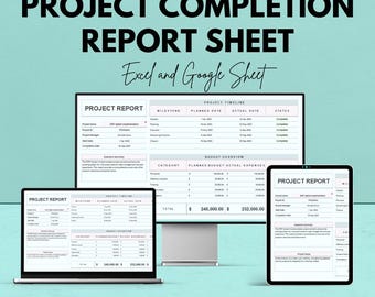 Projektabschlussbogen | Excel & Google Sheets Vorlage | Verfolgen Sie Projektmeilensteine, das Budget und den Abschlussstatus |