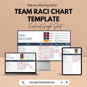 May include: A digital team RACI chart template displayed on a laptop, desktop monitor, and tablet. The template is for Excel and Google Sheets. The text on the screen reads "TEAM RACI CHART" and includes a key for Responsible, Accountable, Consulted, and Informed.
