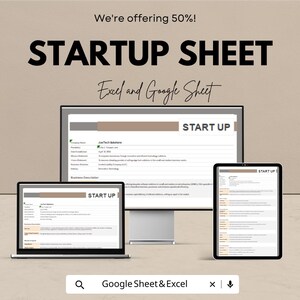 May include: An advertisement for a "Startup Sheet" for Excel and Google Sheets, displayed on a desktop computer, laptop, and tablet. The image includes the text "We're offering 50%!" and "STARTUP SHEET".
