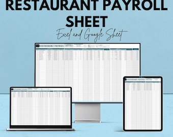 May include: A digital display of a restaurant payroll sheet on a laptop, desktop monitor, and tablet. The text "RESTAURANT PAYROLL SHEET" is displayed in large, bold letters. The image also includes the text "Excel and Google Sheet" and "We're offering 50%!"