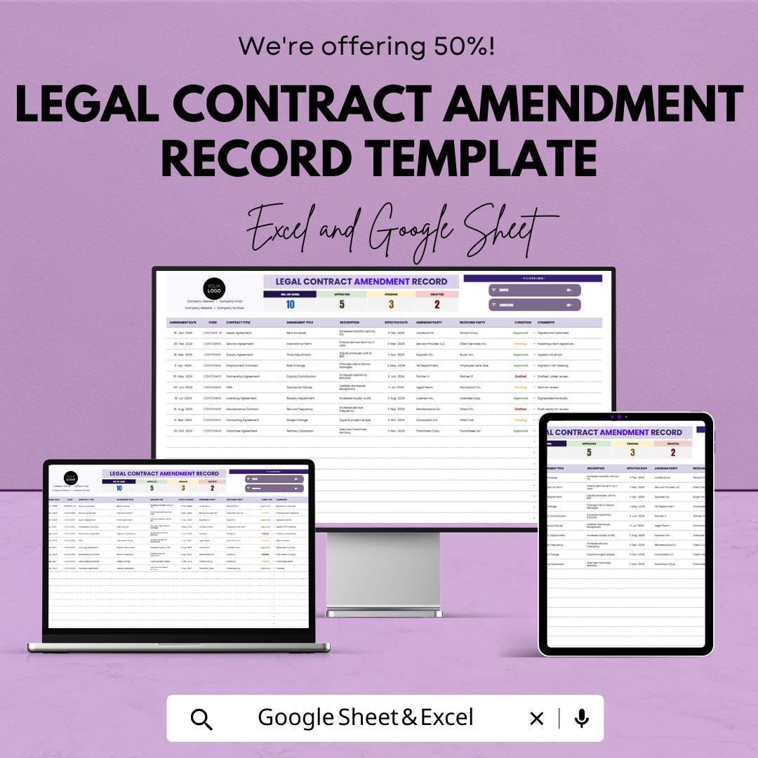 Legal Contract Amendment Record Template | Contract Change Log and ...