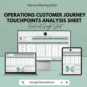 May include: A digital marketing graphic with the text "OPERATIONS CUSTOMER JOURNEY TOUCHPOINTS ANALYSIS SHEET" and "Excel and Google Sheet". The image shows a laptop, desktop monitor, and tablet displaying the sheet. The graphic is on a light green background.