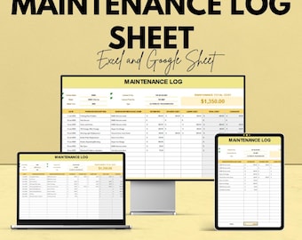 Wartungstagebuch | Vorlage für die Nachverfolgung von Ressourcen | Ausstattung und Wartung | Excel & Google Sheets Vorlage | Auto-Berechnung