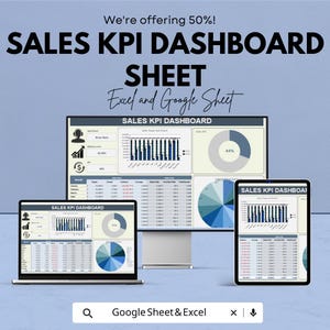 Sales KPI Dashboard Template | Excel & Google Sheets | Sales Performance Tracker | Sales Metrics Spreadsheet | Editable Dashboard