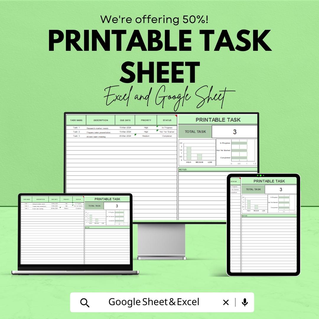 Printable Task Sheet - Task Planner Template, Excel & Google Sheets ...