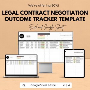 Può includere: Annuncio pubblicitario per un modello di monitoraggio dei risultati della negoziazione di contratti legali. L'immagine mostra un laptop, un monitor desktop e un tablet che visualizzano il modello. Il testo include "We're offering 50%!" e "Excel and Google Sheet."