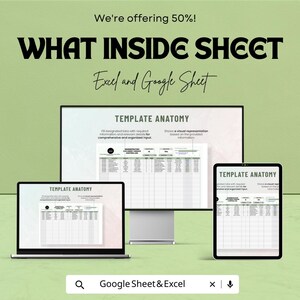 May include: An advertisement for a "WHAT INSIDE SHEET" template, compatible with Excel and Google Sheets. The image shows a laptop, desktop monitor, and tablet displaying the template. Text includes "TEMPLATE ANATOMY" and "We're offering 50%!"