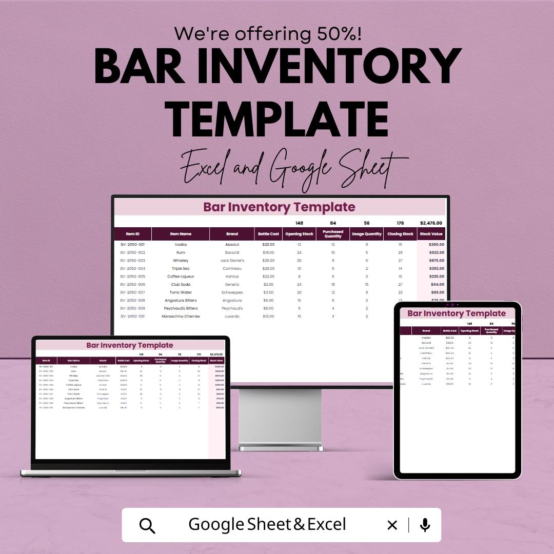 Bar Inventory Template | Excel and Google Sheets Bar Stock Management ...