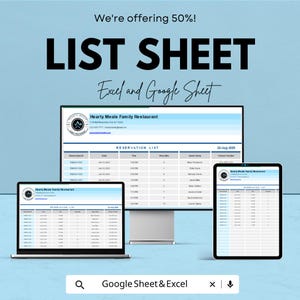 Könnte beinhalten: Digitales Marketing-Bild auf hellblauem Hintergrund. Das Bild zeigt einen Computermonitor, einen Laptop und ein Tablet, die jeweils eine Reservierungsliste anzeigen. Der Text lautet "LIST SHEET" und "Excel and Google Sheet". Der Text "We're offering 50%!" ist ebenfalls enthalten.