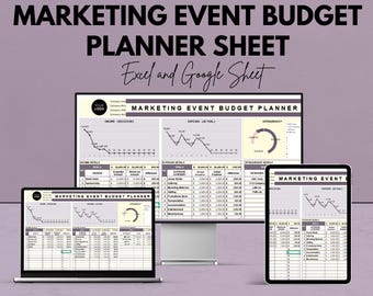 May include: A digital marketing event budget planner sheet, displayed on a laptop, desktop monitor, and tablet. The text reads "MARKETING EVENT BUDGET PLANNER SHEET Excel and Google Sheet". The image also includes the text "We're offering 50%!" and "Google Sheet & Excel".