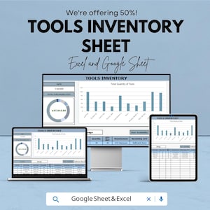 Op de afbeelding: Een digitaal gereedschapsinventarisblad weergegeven op een laptop, desktopmonitor en tablet. Het blad bevat grafieken, grafieken en gegevenstabellen. De tekst op de afbeelding luidt "TOOLS INVENTORY SHEET Excel and Google Sheet".
