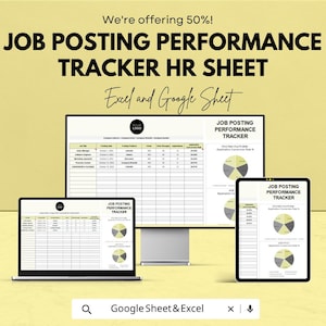 May include: A digital HR sheet titled "Job Posting Performance Tracker" displayed on a laptop, desktop monitor, and tablet. The text "Excel and Google Sheet" is also visible. The image has a yellow background and includes the text "We're offering 50%!"