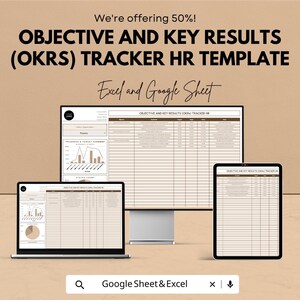 May include: A digital HR template displayed on a computer monitor, laptop, and tablet. The text reads "OBJECTIVE AND KEY RESULTS (OKRS) TRACKER HR TEMPLATE" and "Excel and Google Sheet". The image also includes the text "We're offering 50%!" and "Google Sheet & Excel".
