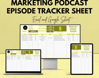 Puede incluir: Una hoja de seguimiento de episodios de podcast de marketing digital que se muestra en una computadora portátil, un monitor de escritorio y una tableta. El texto dice "MARKETING PODCAST EPISODE TRACKER SHEET" y "Excel and Google Sheet". La imagen también incluye el texto "We're offering 50%!"