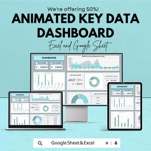 May include: An advertisement for an animated key data dashboard, compatible with Excel and Google Sheets. The image shows a laptop, desktop monitor, and tablet displaying data visualizations. Text includes "We're offering 50%!" and "Google Sheet & Excel."